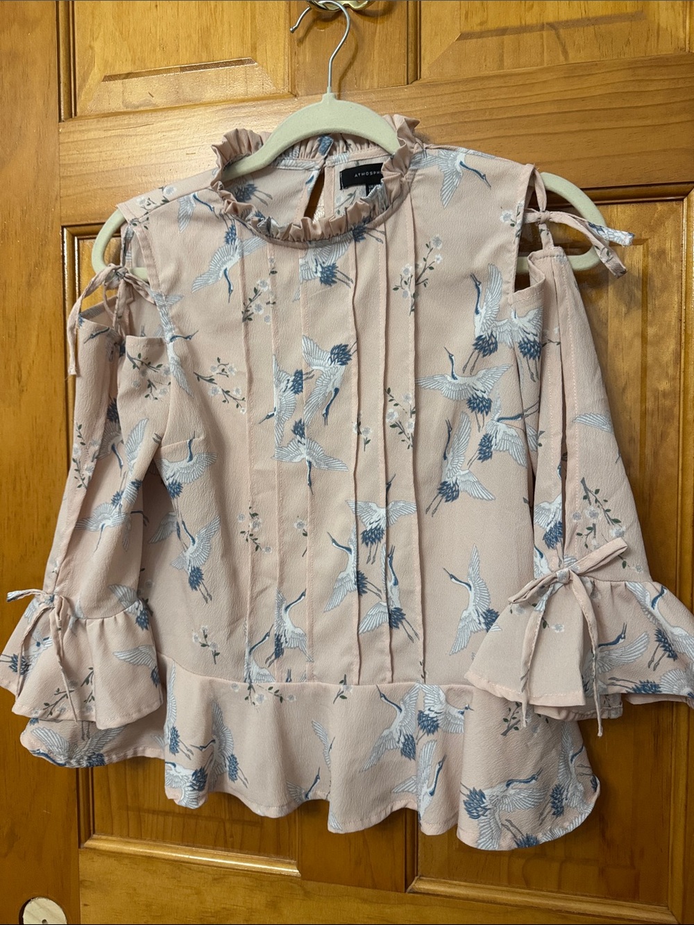 French Atmosphere Pink Crane Print Cold-Shoulder Ruffle Blouse